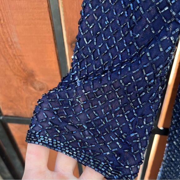MAC DUGGAL Lattice Beaded Long Sleeve Evening Gown Size 4 Midnight blue NWT - Picture 6 of 14